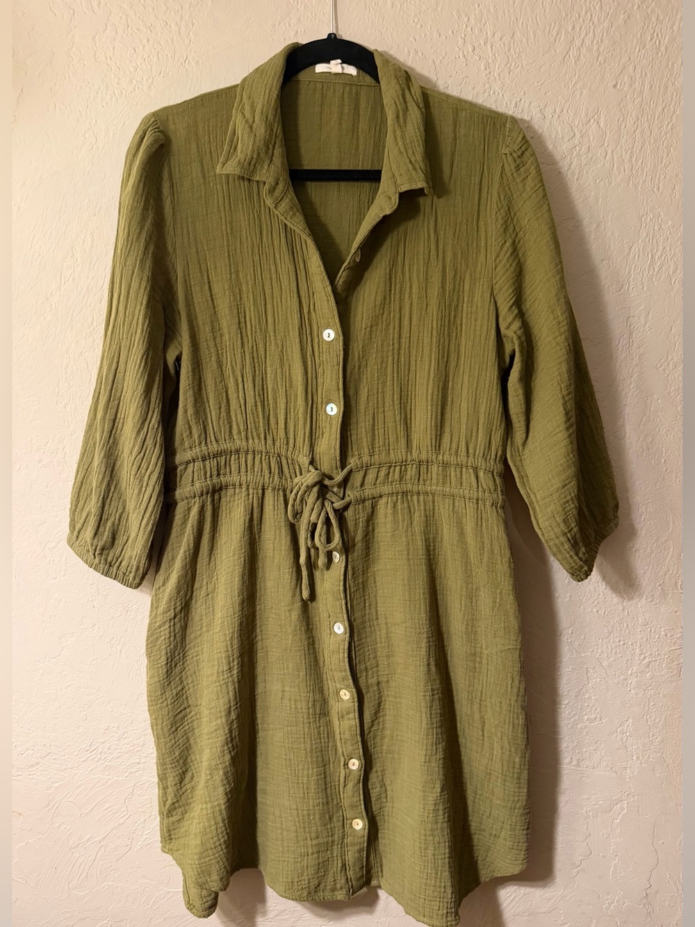 Olive Button-Front Drawstring Shirt Dress